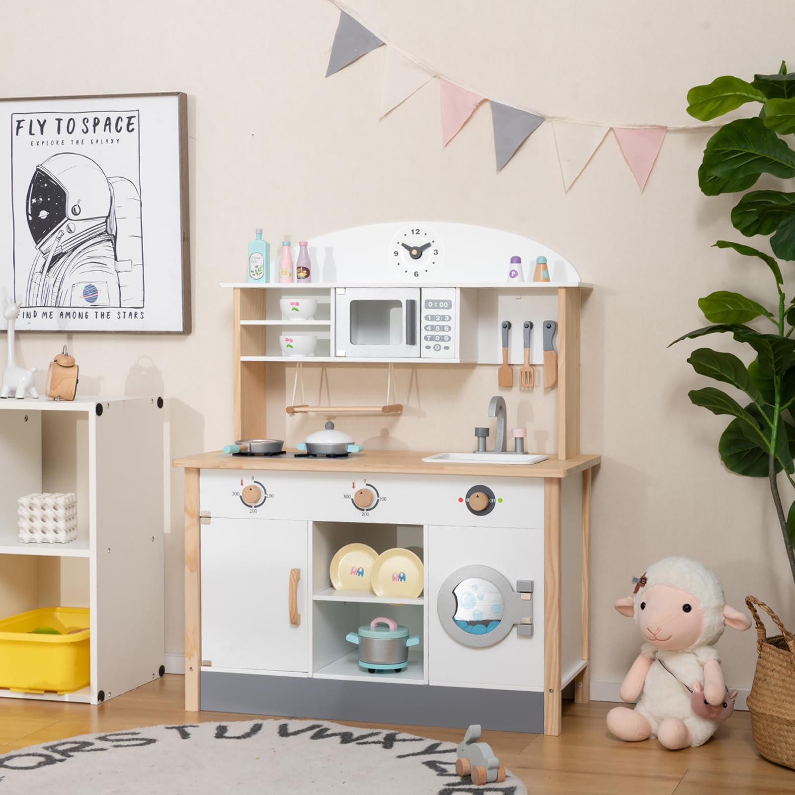 HOMASIS Cucina Legno per Bambini con Grembiule e Cappello da Cuoco, Cucinetta per Bambini Legno, Cucina Giocattolo per 3+ Anni, 79,5 x 35,5 x 98 cm