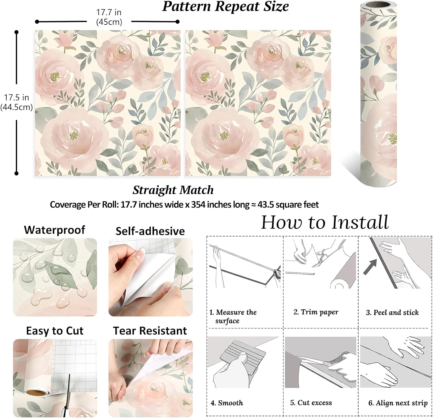 VEELIKE Soft Pastel Pink Peony Floral Wallpaper Peel and Stick Vintage Girly Flower Wallpaper for Bedroom Nursery Living Room 17.7''x354'' Self Adhesive Contact Paper Removable Large Floral Wall Mural