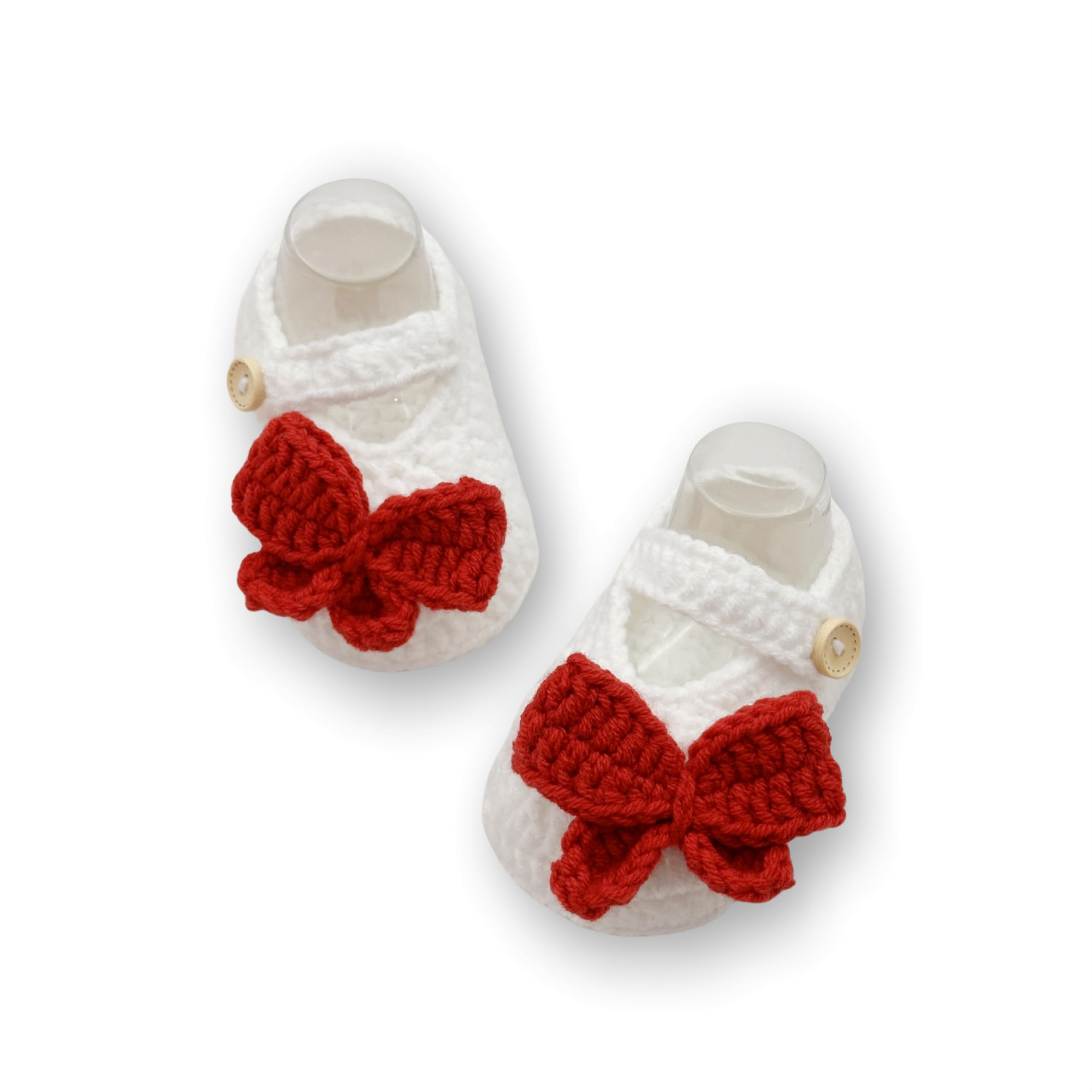 Baby Crochet Booties with Red Butterfly, White Mary Jane Style, Infant Shoes