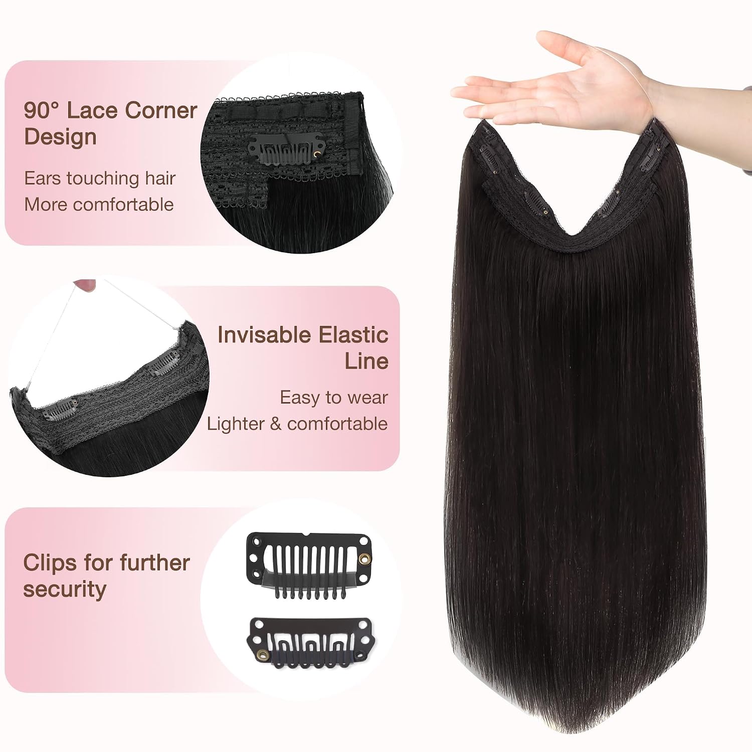 GOO GOO Wire Hair Extensions Human Hair, 1B Natural black Natural 18inch 95g, Invisible Wire Hair Extensions with Transparent, Seamless Fish Line Hairpiece