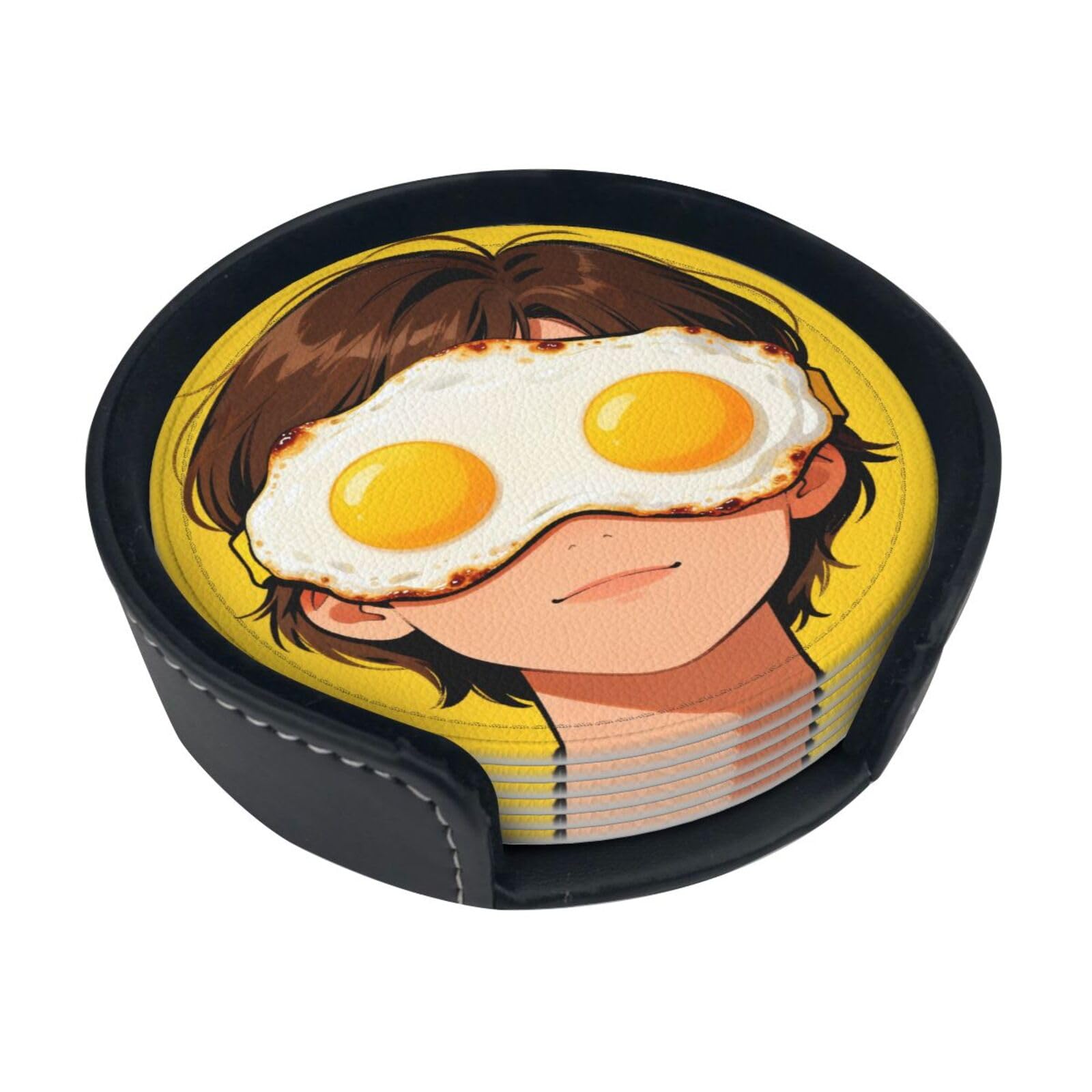 Cntdbu White Fried Egg Eye Mask Leather Coasters Set Of 6-Pu Leather Drink Mats For Table, Heat Resistant Round Coasters With Holder