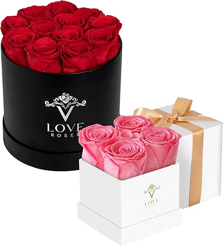 VLove 12 rosas rojas Forever en una caja negra y 4 rosas Forever en una caja blanca, rosas reales que duran más de un año, caja de rosas eternas