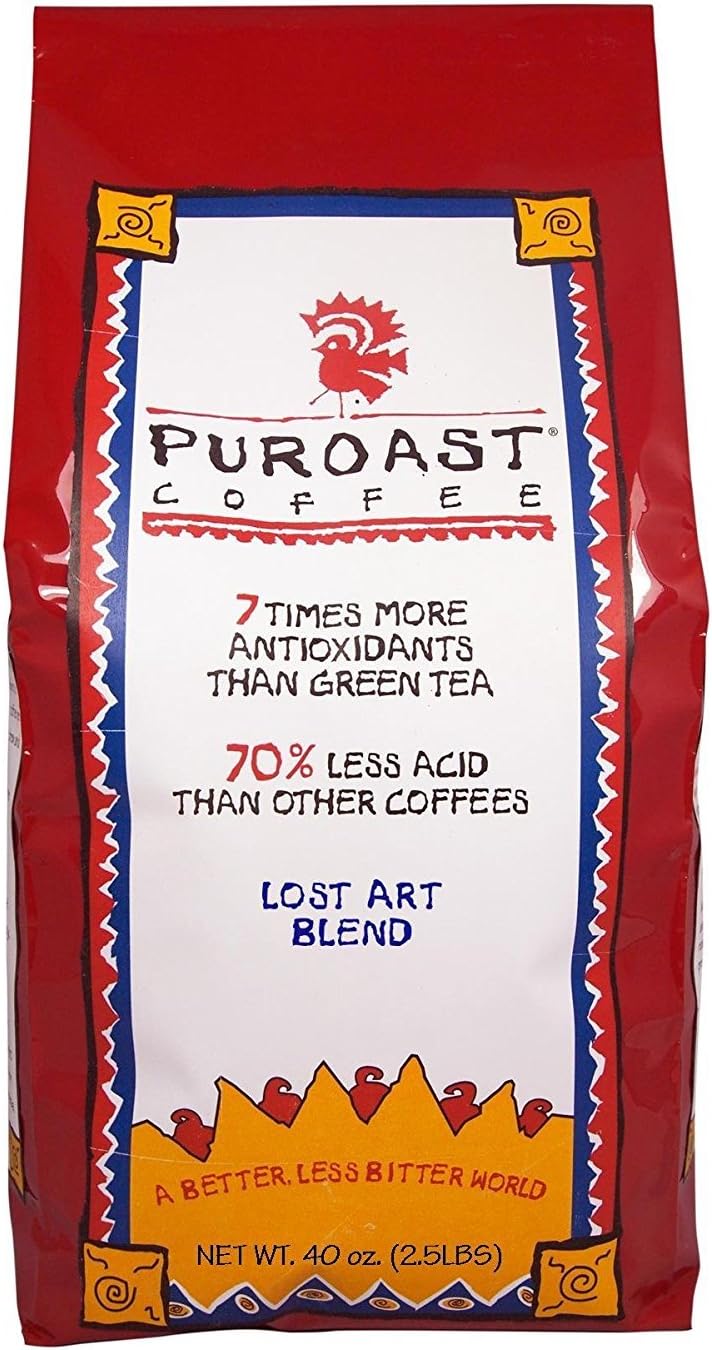 Puroast Low Acid Coffee Whole Bean | Lost Art Whole Bean | Medium Roast | High Antioxidants & High pH |No Bitter Aftertaste | Reduced Heartburn & GERD | Suitable for Cold Brew - 2.2 LB