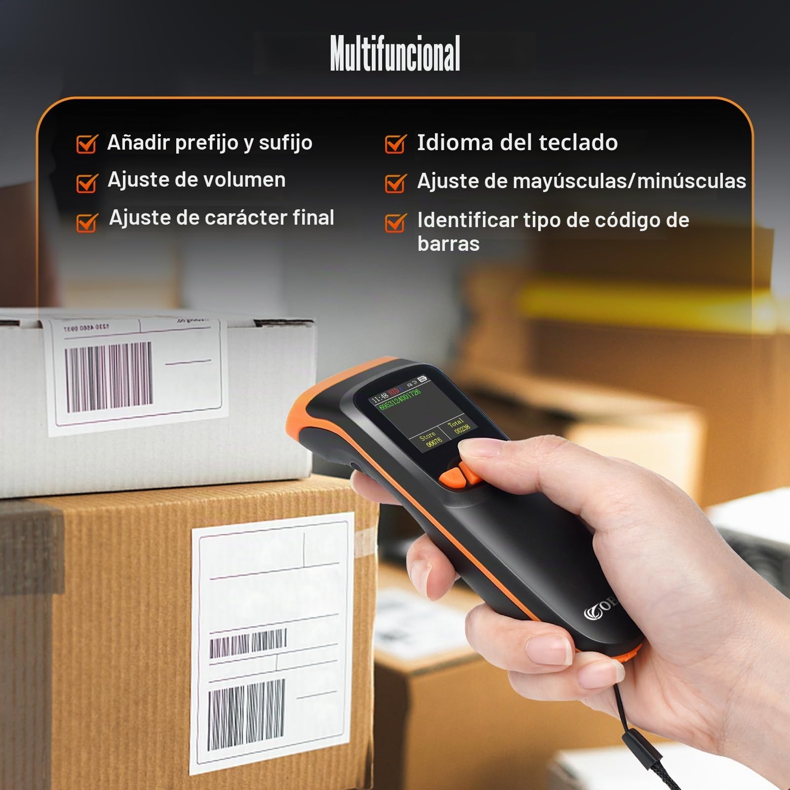 OBZ Lector Código de Barras Inalámbrico 2D 1D con Pantalla LCD, QR Escáner Bluetooth 3 en 1 (USB+2.4G) Portátil Pistola para Inventario Almacén Logística, Compatible con iOS Android Windows