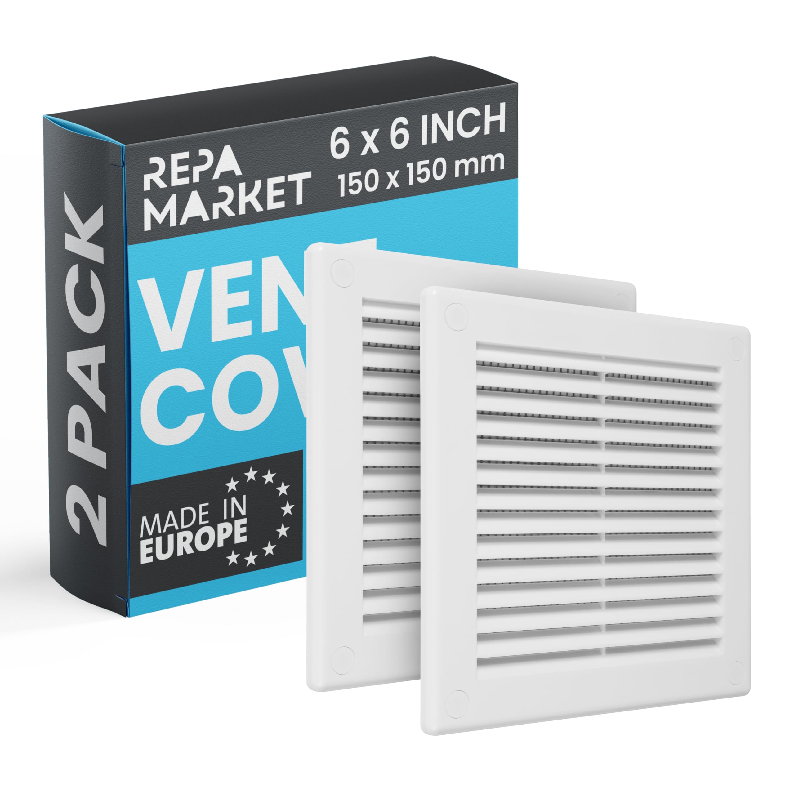 Repa Market 6 x 6 Inch / 150 x 150mm (Outer Size) White Square Air Vent Covers for Walls - Pack of 2 Plastic Intake Air Vents - Grill Cover w/Nylon Mesh Screen - HVAC Ceiling Ventilation Grilles