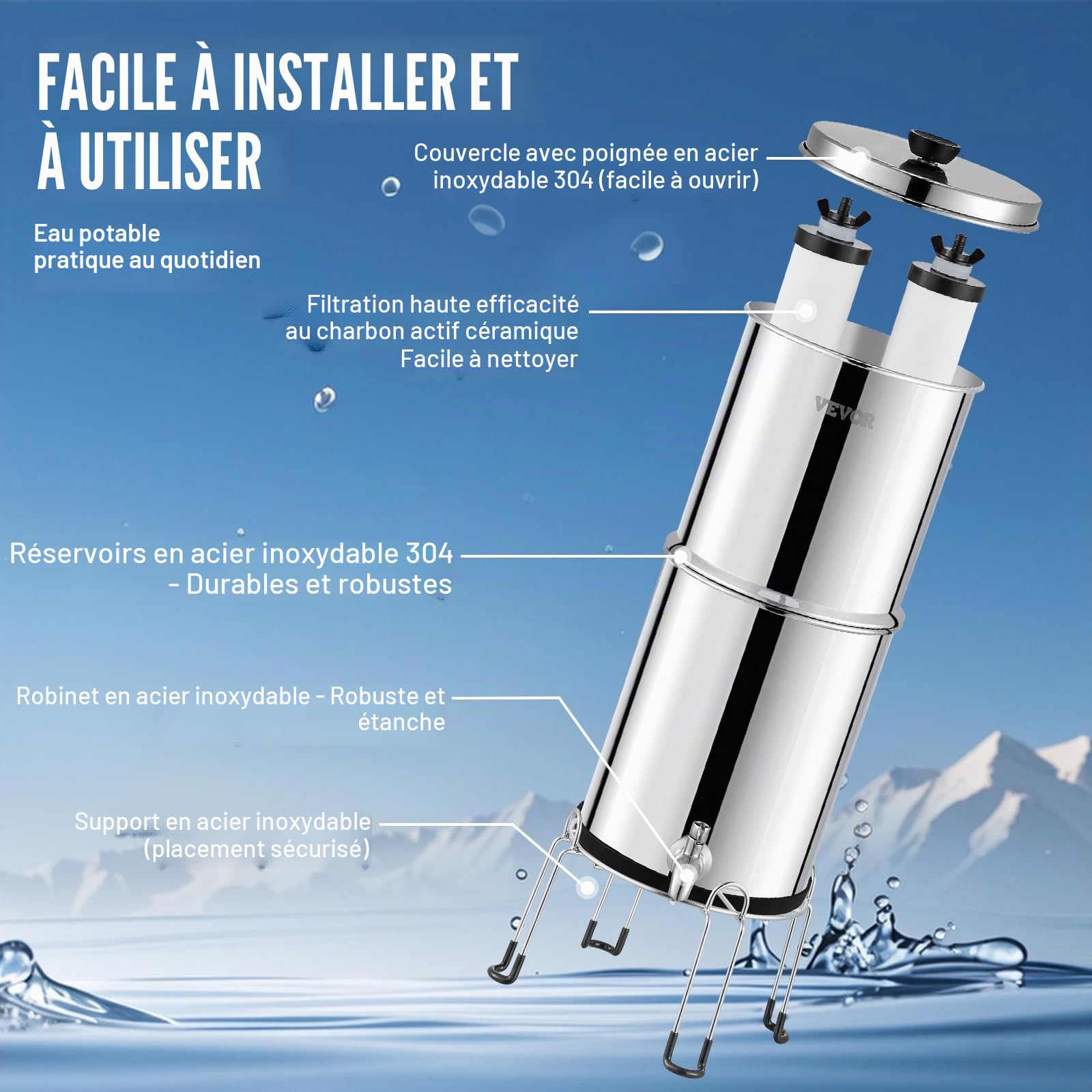 VEVOR Système de Filtration d'Eau par Gravité 8,5 L, Filtre à Eau par Gravité Réduction du Plomb et jusqu'à 99% du Chlore, en Inox 304, avec 2 Filtres à Charbon et Céramique, Robinet et Support