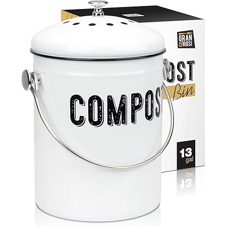 Stylish Farmhouse Kitchen Compost Bin - 100% Rust Proof w/ Non Smell Filters - Easy Clean 1.3 Gallon Container Looks Fabulous on Your Kitchen Countertop