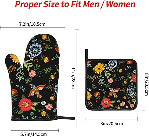 Miniatura 3 de Juego de 4 manoplas para horno y agarraderas florales mexicanas, guantes de cocina estilo campestre, antideslizantes, resistentes al calor, guantes
