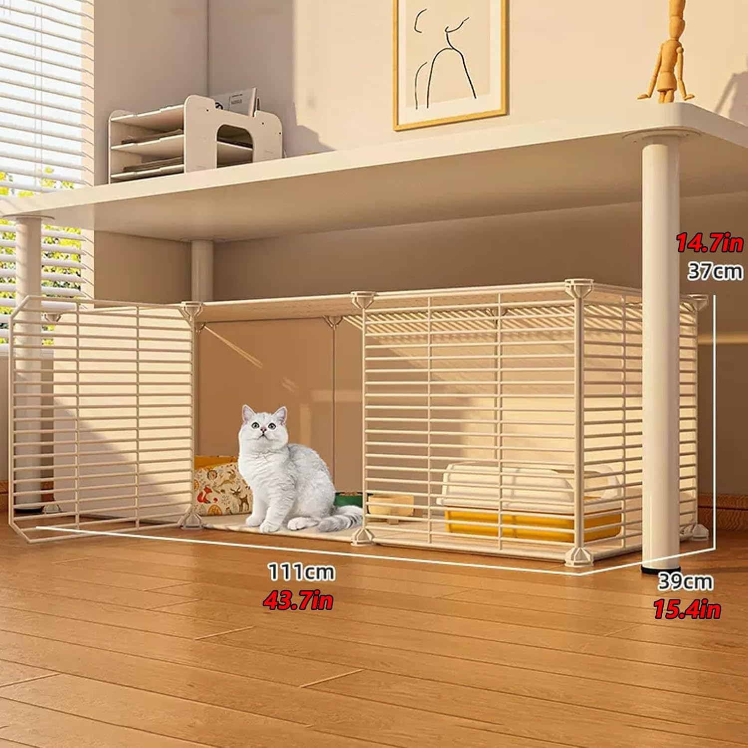 Cat Enclosure, Large 2-Story Pet Wire Cage for Cat with Ladder, DIY Pet Playpen Cat Enclosures Small Animal House Detachable Pet Playpen(43.7x15.4x14.7in/111x39x37cm)