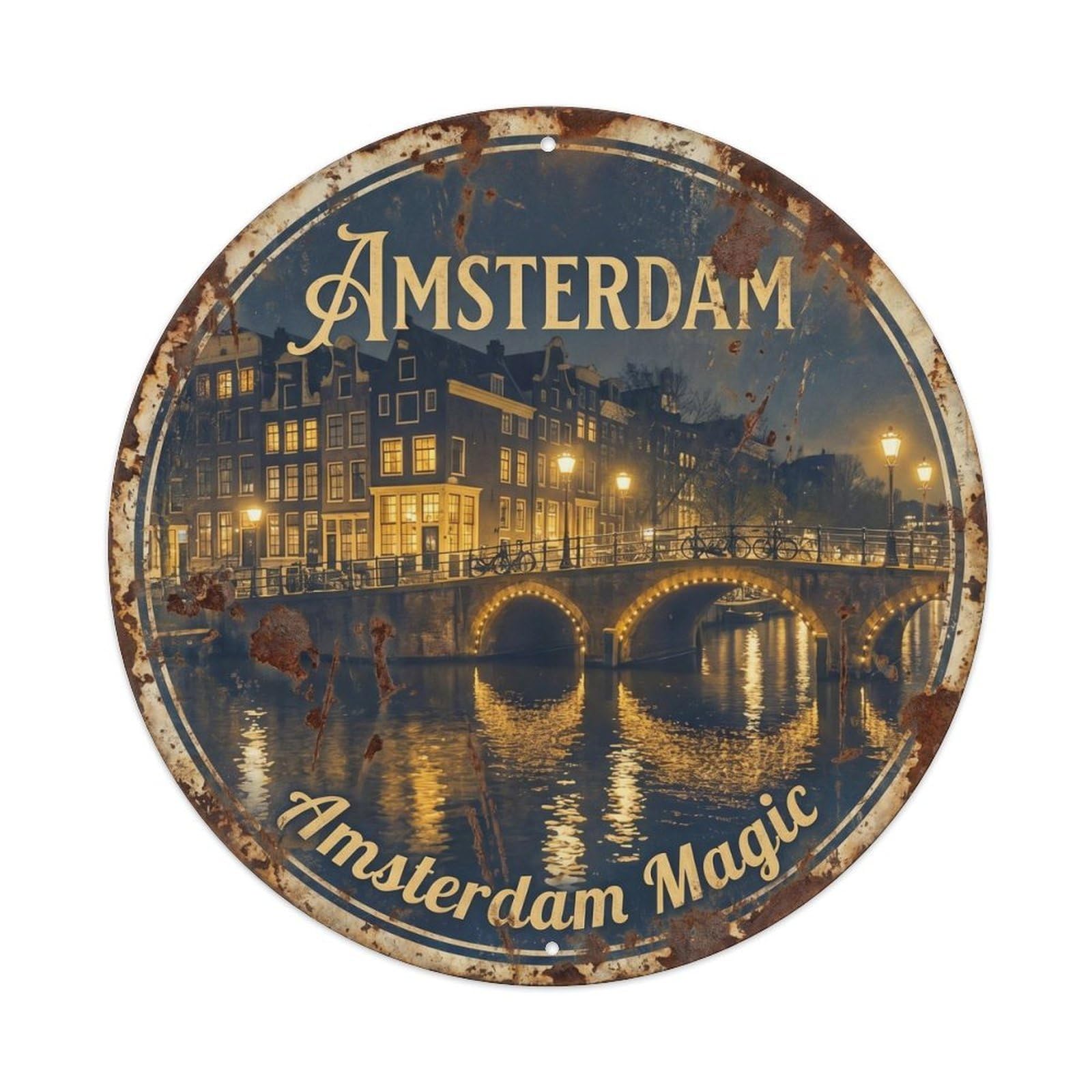 Vintage Travel Amsterdam Night Canal Metal Tin Sign Plaque