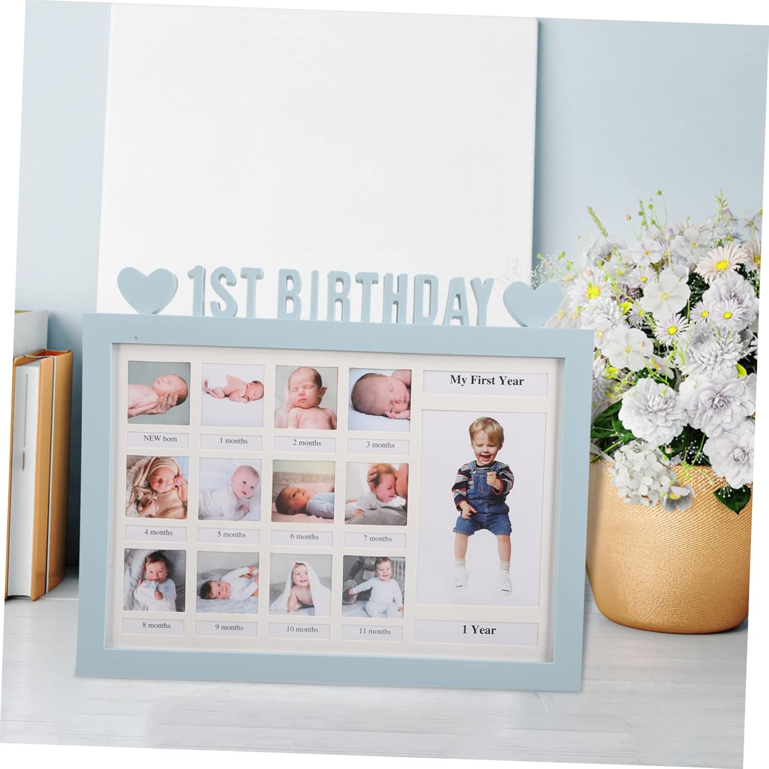 Birthday Picture Frame for Boys Creative Month Milestone Photo Frame Blue Keepsake Organizer Tabletop Display for Nursery and Living Room Holds Monthly Photos