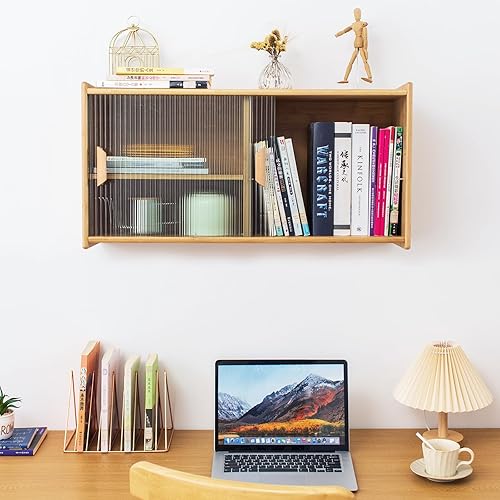 Miniatura 6 de Tiita Armario pequeño de despensa de cocina, aparador de pared de bambú con puertas de vidrio, armario de despensa de alimentos para cocina, sala de