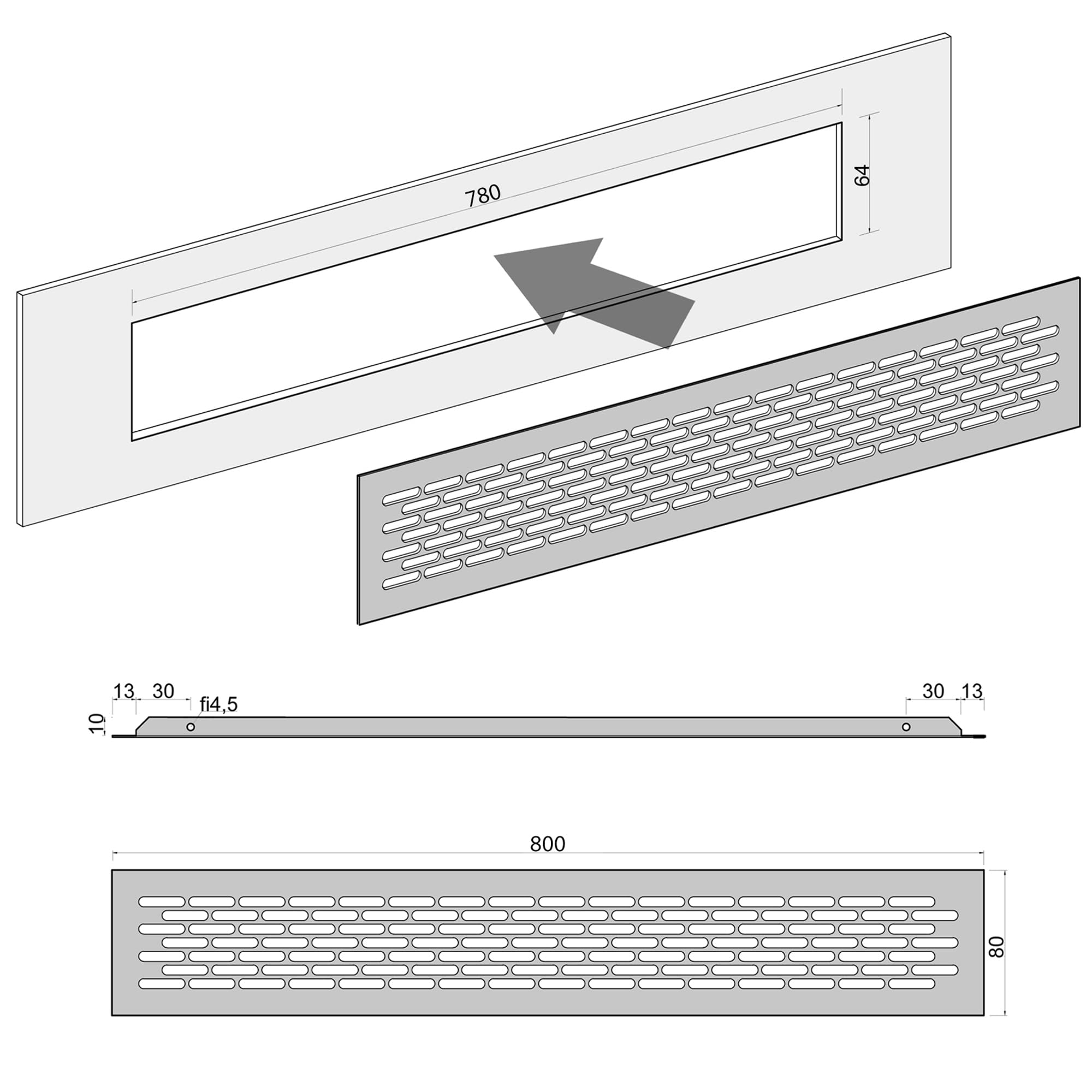 sossai® Grille de ventilation en aluminium - Alucratis (2 pièce) | Rectangulaire - dimensions: 80 x 8 cm | Couleur: inox | grille d'aération