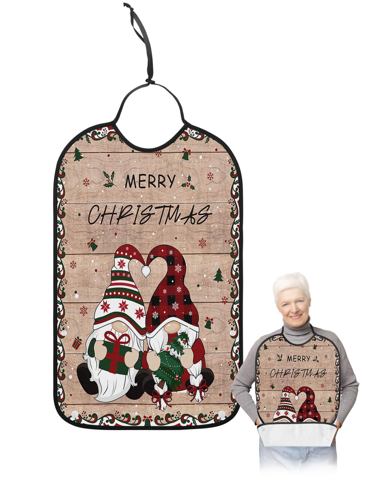 Christmas Adult Bib for Eating with Crumb Catcher, Farmhouse Winter Gnomes Plaid Brown Washable & Waterproof Terry Cloth Adjustable Elderly Women Men Adult Bibs Funny Apron Reusable Clothing Protector