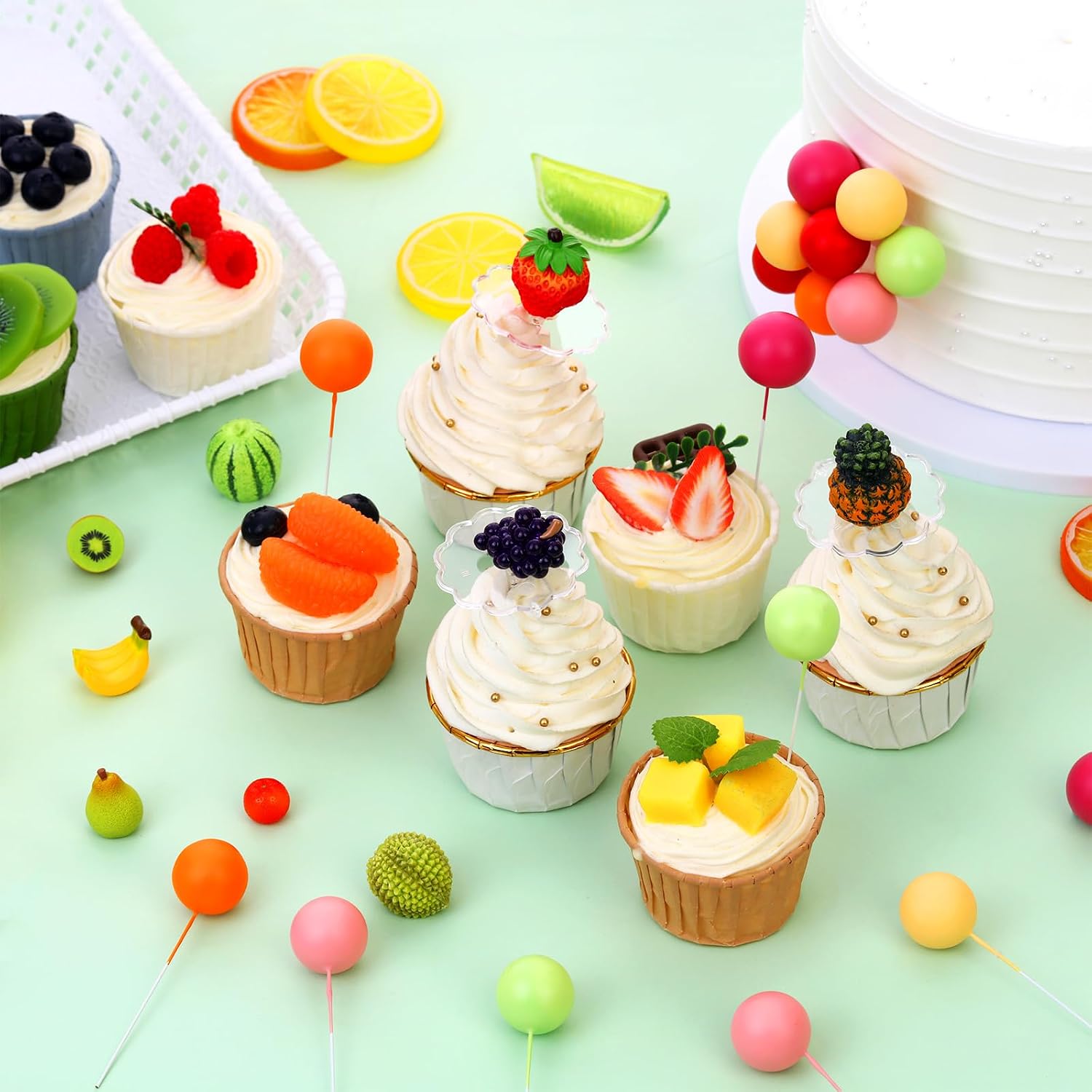 Cheereveal Fruit Theme Cake Figures Decorations - Watermelon Strawberry Pineapple Ball Cake Toppers Figurines for Dessert, Fruit Theme Birthday Baby Shower Party Supplies