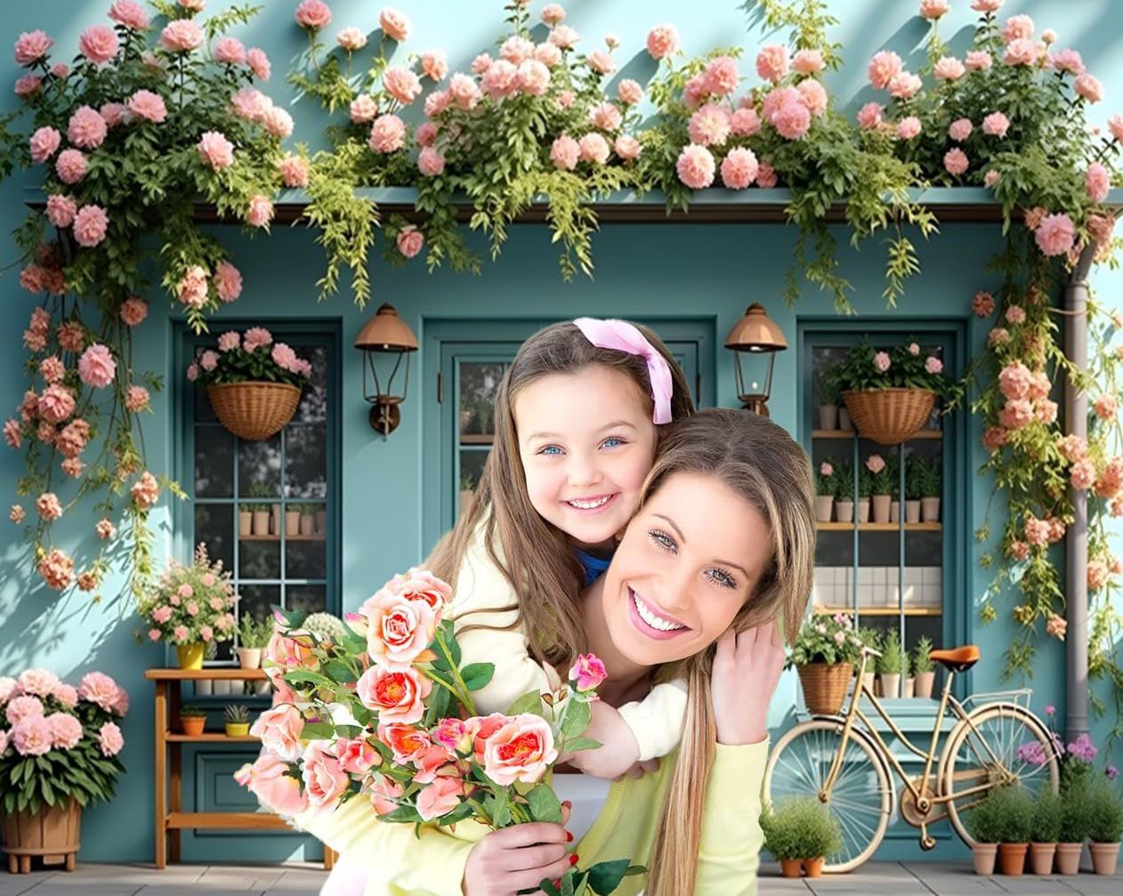 Spring Floral Backdrop 10x8ft Blooming Flower Store Blue Door Spring Backdrops for Photography Doorway Background for Easter Party Birthday Family Girls Princess Portrait Studio Photo Booth Props