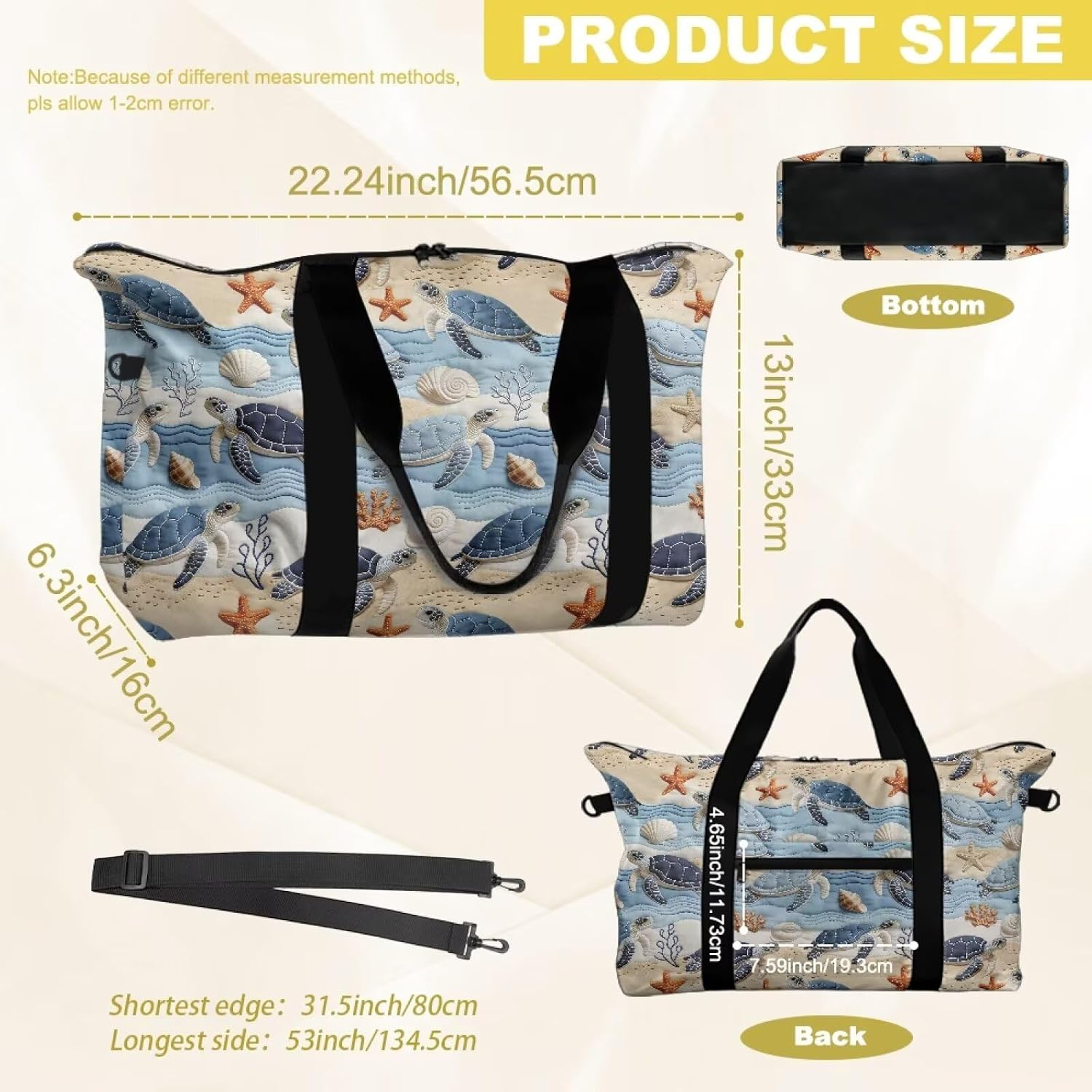 Sea Turtle Travel Duffel Tote Bag Starfish Foldable Carry On for Women, Coral Shell Lightweight Hospital Bags for Labor and Delivery