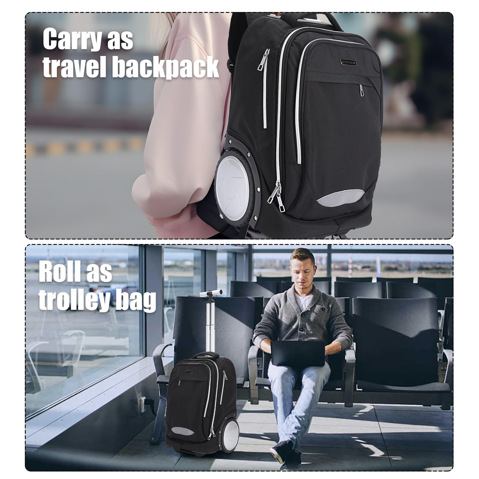 Rucksack mit Rollen, Rucksack trolley doppelt verstärktem Teleskopgriff, leichtes Hinauf- und Hinuntergehen von Treppen, Handgepäck-Rucksack mit Laptopfach für Geschäftsreisende und Pendler, Schwarz