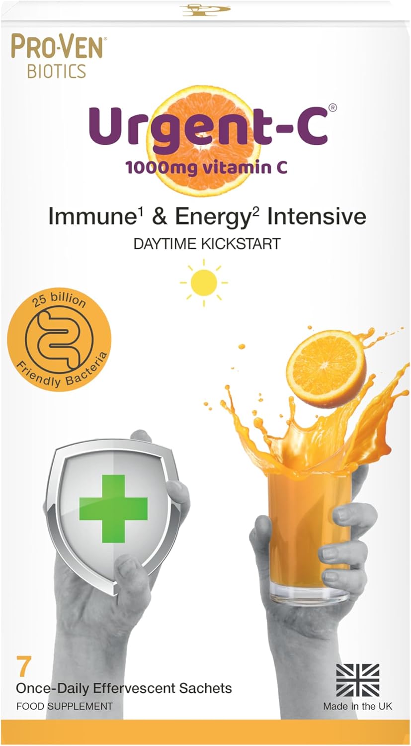 Pro-Ven Probiotics Urgent-C Daytime Kickstart Vitamin C, D, Zinc & Selenium Immune & Energy Intensive Formula25 Billion CFU Live Bacteria Orange Fizzy Drink, 7 Sachets