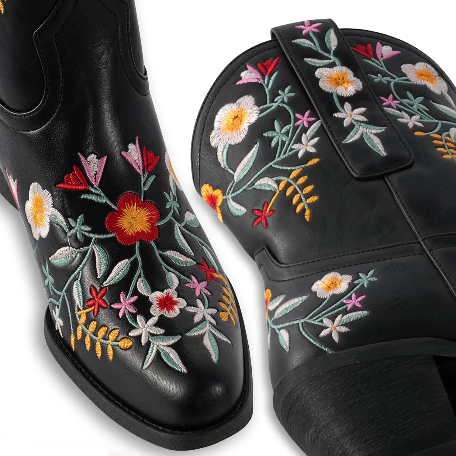 CRYSIGNE Women's Flower Embroidered Ankle Cowgirl Boots Floral Snip Square Toe Western Cowboy Boots Chunky Heel Pull On Short Boots - Image 7