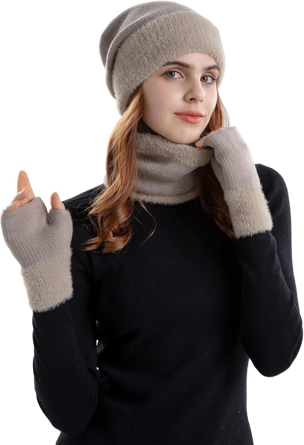 Winter Knit Hat Scarf and Gloves Set Women, 3 PCS Warm Set Fleece Lined
