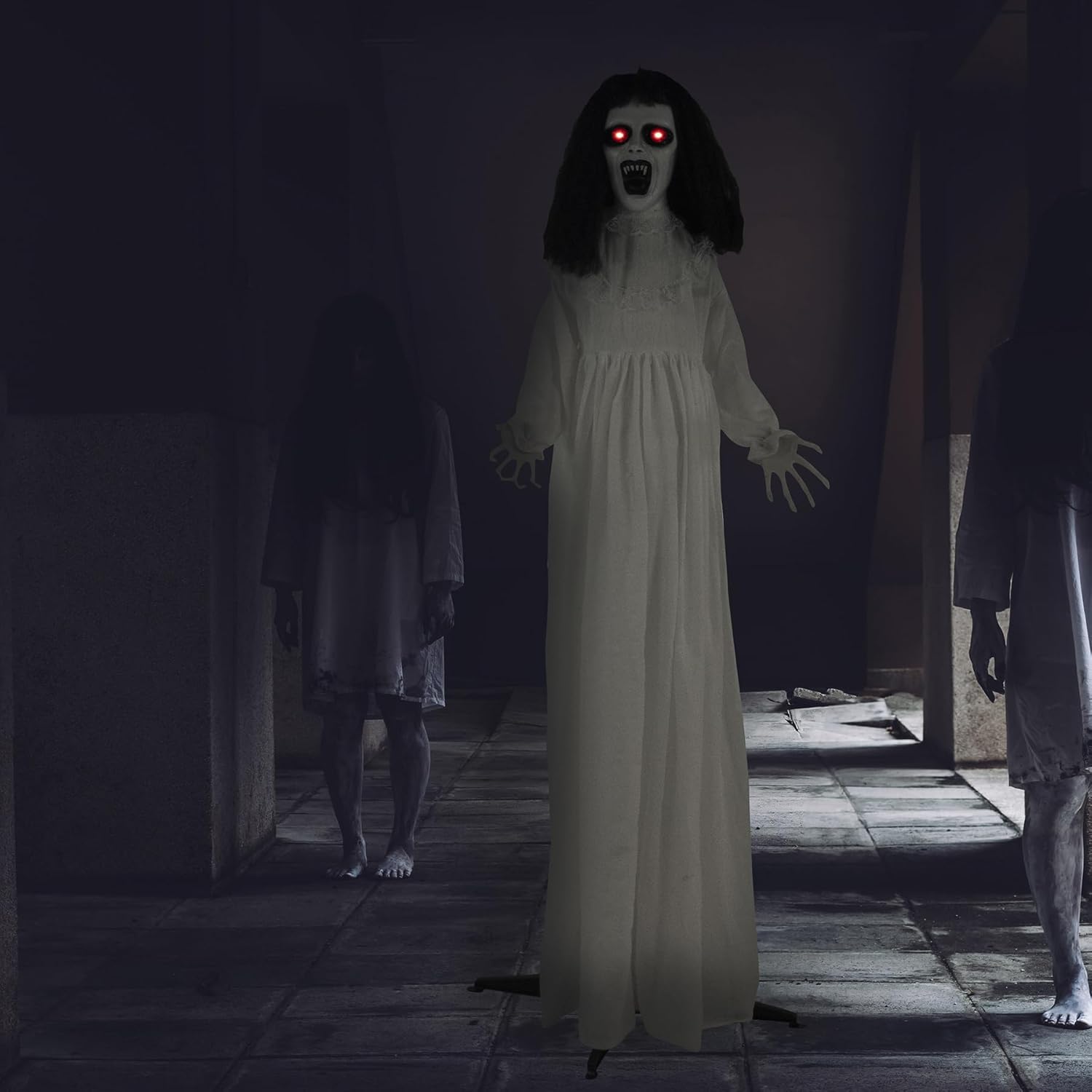 haunted hill farm life-size scary demon bride halloween animatronic with touch activated lights and sound, battery operated indoor or covered outdoor halloween decorations for home or haunted house 67" standing screaming lady