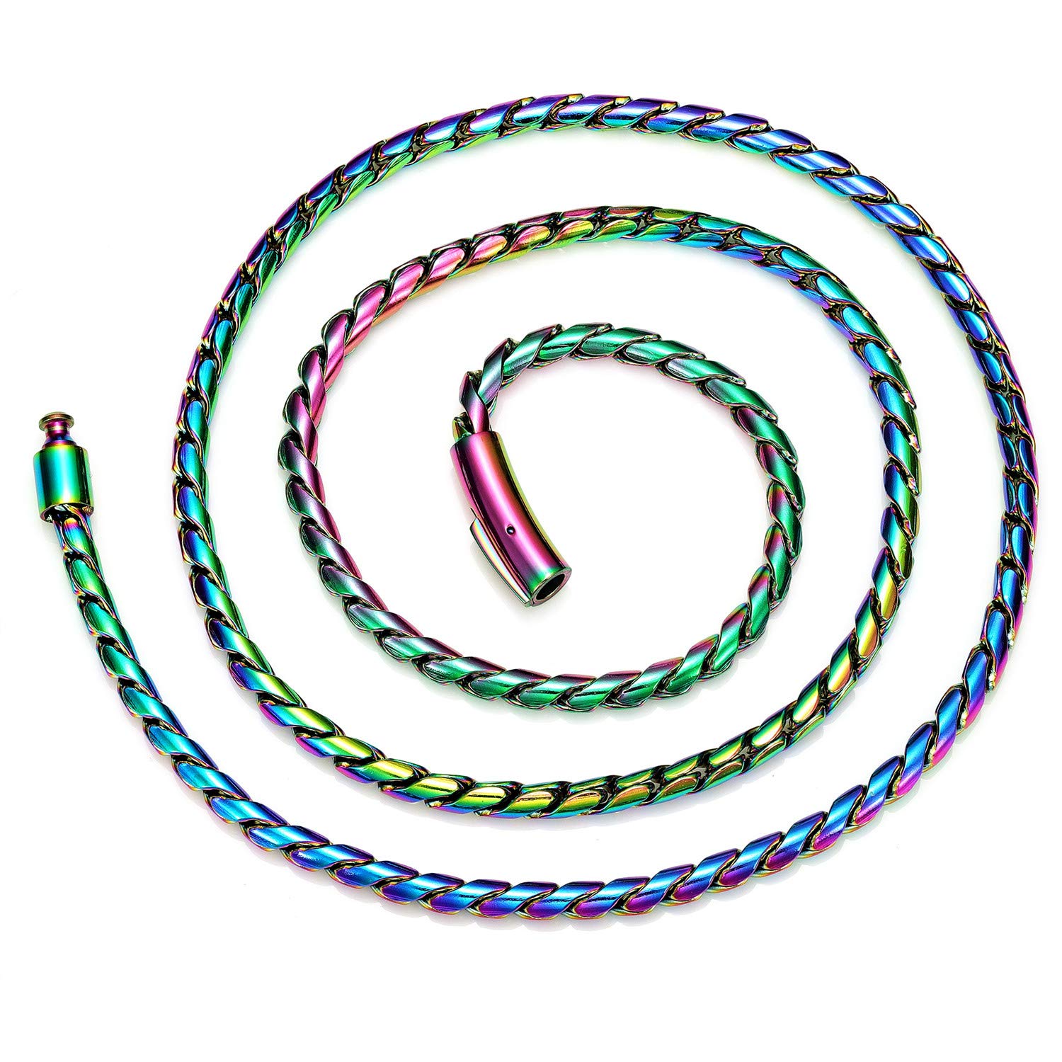 ROWIN&CO 6mm Multi-Color Chain Necklace Rainbow Stainless Steel Diamond Cut Miami Curb Cuban Link Necklace, Nickel-free, Colorful Chains, Hip hop