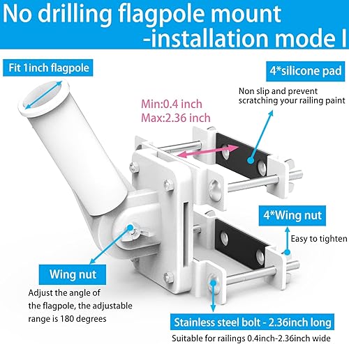 Miniatura 6 de Soporte para poste de bandera sin taladrar para barandilla, soporte de poste de bandera para porche y riel de cerca, balcón de apartamento,