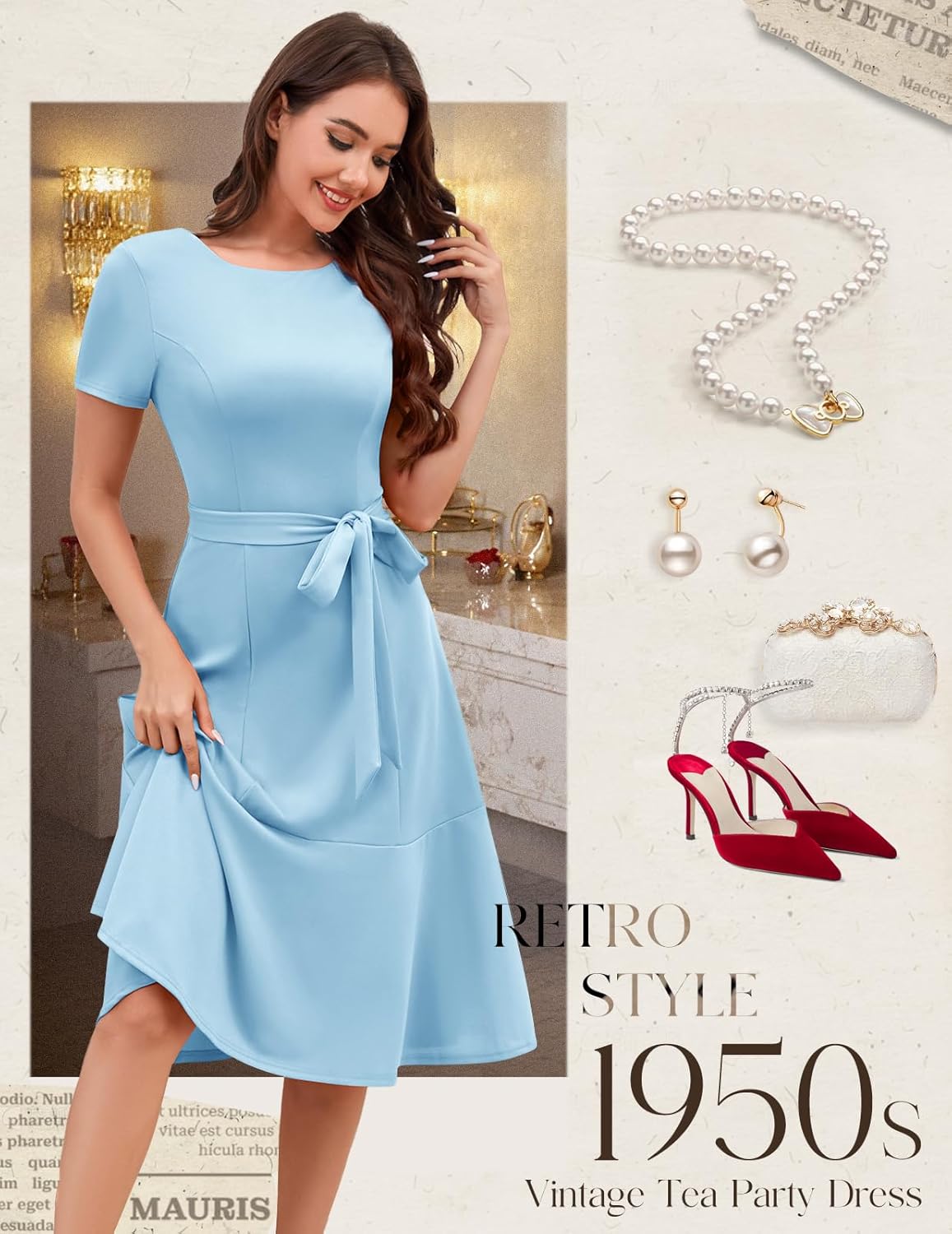 Bbonlinedress Womens Short Sleeve Wedding Guest Dresses Cocktail Vintage Party Church Formal A-Line Midi Dress Blue S - Image 5