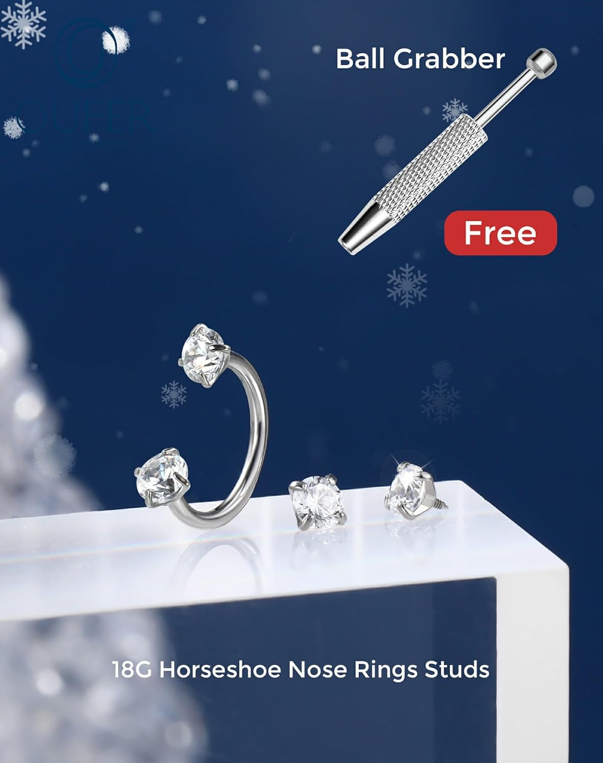 OUFER Horseshoe Nose Rings Studs, 316L Surgical Steel Double Shiny Clear CZ Nose Rings For Women, 18G 7MM Internally Threaded Cartilage Earrings, Lip Eyebrow Helix Ear Piercing Jewelry - Image 3