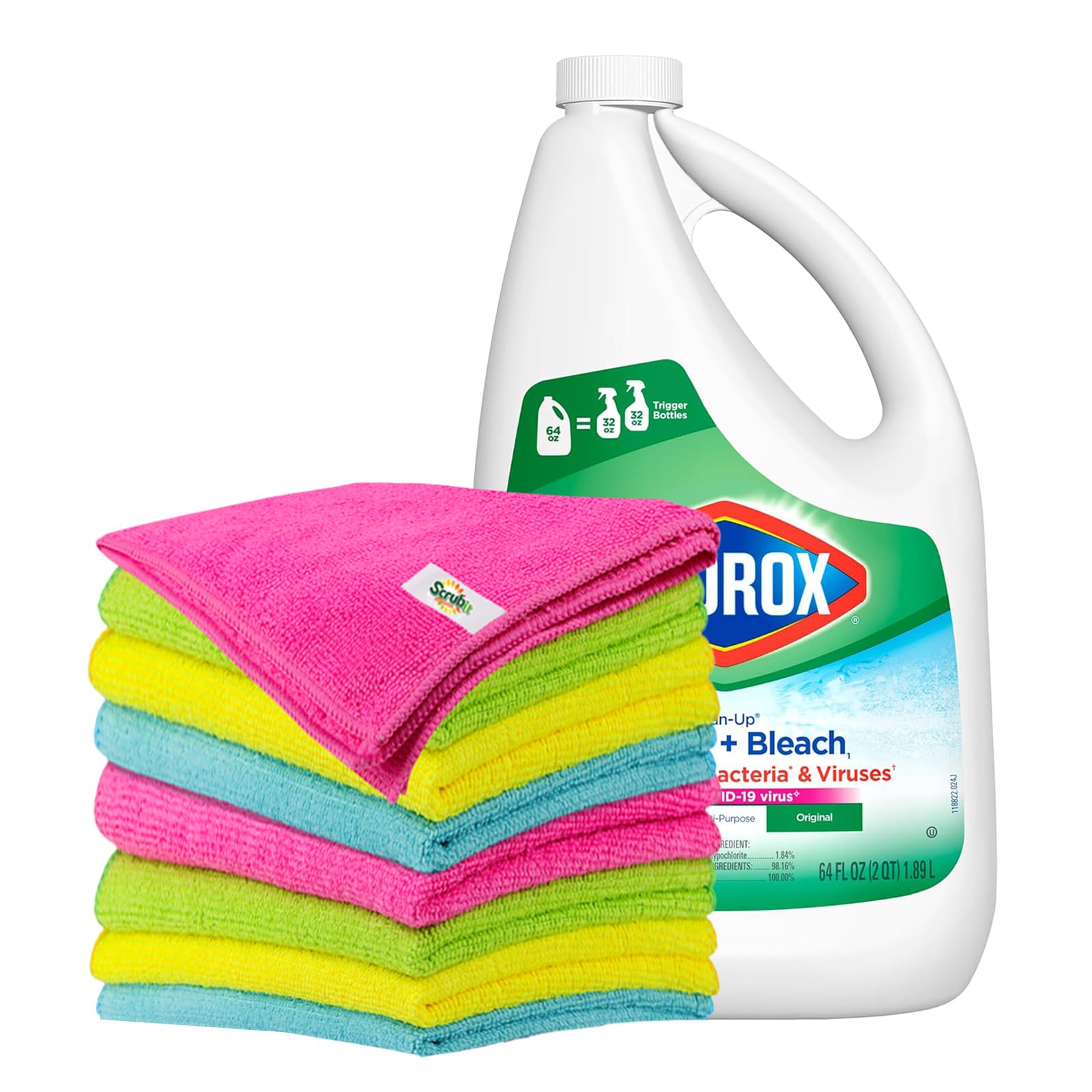 Ezze Space - Clorx Cleaner with Bleach Refill, All Purpose Bleach Cleaner - Original, 64 Ounce Refill Bottle - Bathroom cleaner with Bleach, Includes 6-Pack Microfiber Cleaning Cloths