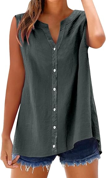 Linen Shirts for Women 2026 Summer Business Casual Tops Button Down V Neck Sleeveless Blouses Beach Vacation Tees