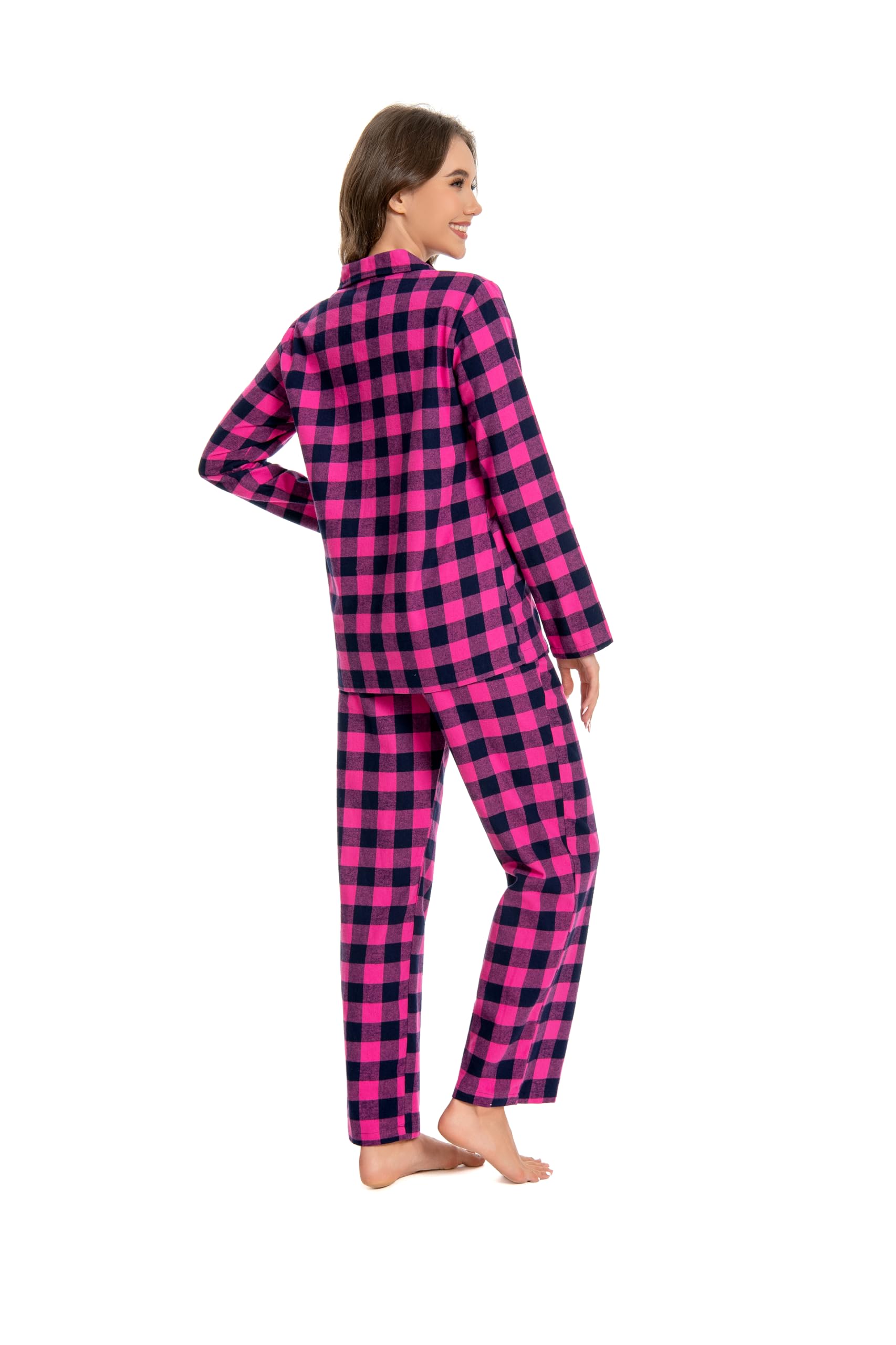 Nutria Pigiama da donna, 100% cotone, in flanella, a maniche lunghe, con colletto aperto, bottoni, parte inferiore lunga, biancheria da notte invernale, loungewear con scollo a V, maglietta e