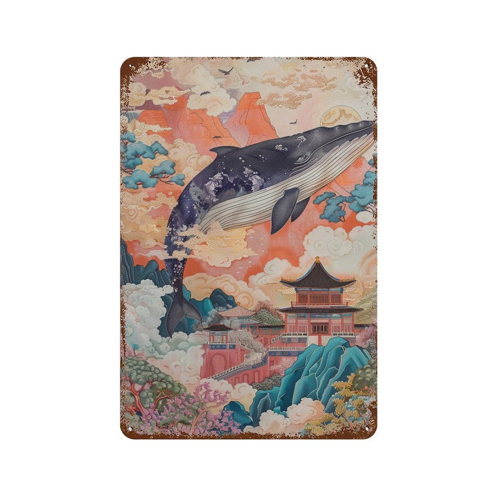 Vintage Rust Metal Sign with Whale in Chinese Landscape Painting Design 11.8"x7.9", for Shed, Workshop And Garage Wall Decor, Classic Wall Plaque