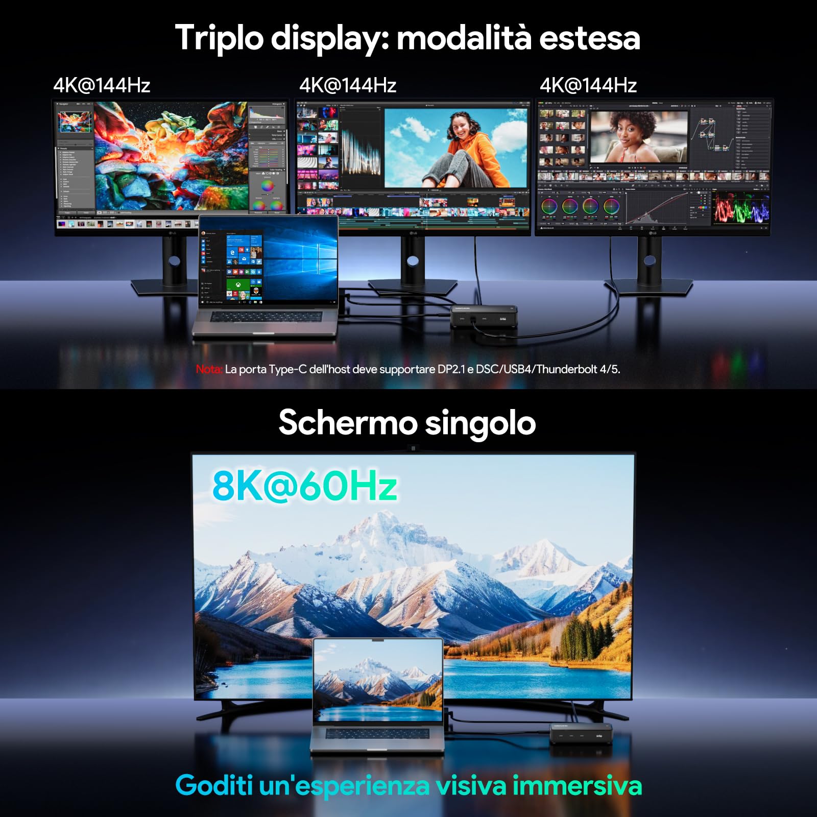 WAVLINK Docking Station USB4 per lavoro creativo professionale, display singolo 8K o triplo 4K, PD 130W, USB4 40Gbps, USB-C 20Gbps, custodia SSD NVMe M.2 20Gbps con ventola di raffreddamento