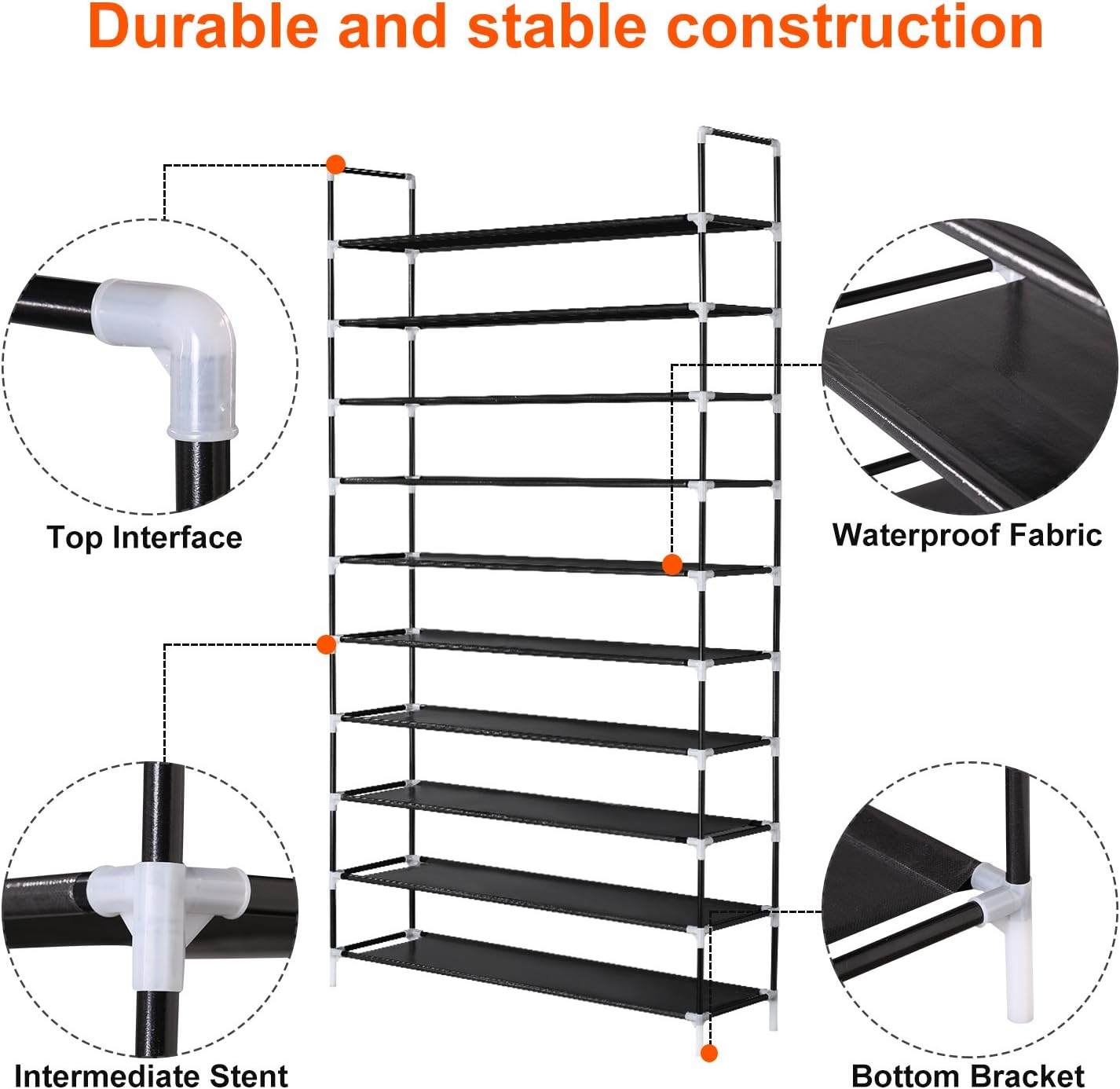ERONE Shoe Rack Organizer, Tall Shoe Storage for Closets Non-Woven Fabric Metal Sturdy Shoe Shelf Tower Cabinet for Entryway (Black, 10 Tier)