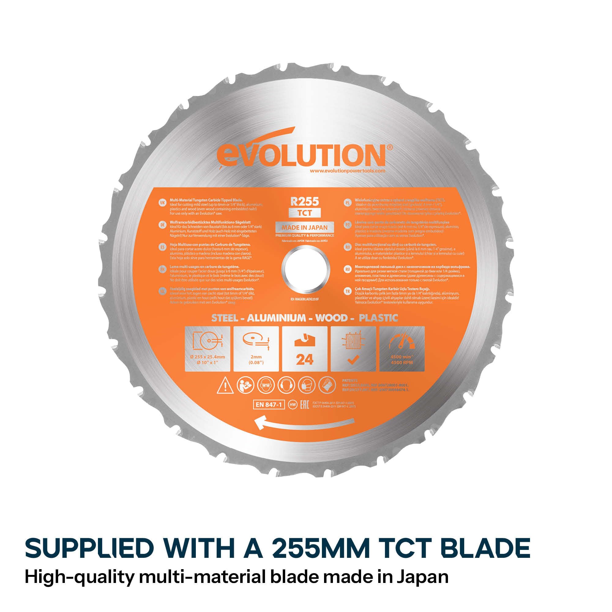 Evolution Power Tools, piła stołowa R255MTS, wielomateriałowa, wszechstronna i przenośna, tnie drewno, metal, plastik i wiele innych materiałów, piła warsztatowa, tarcza TCT 255 mm