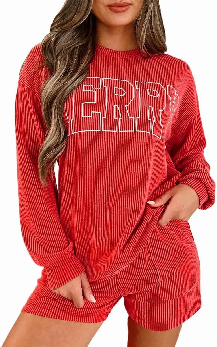 Womens Ribbed Pajama Sets Long Sleeve Top and Shorts Matching Lounge Set Loungewear Sweatsuit with Pockets