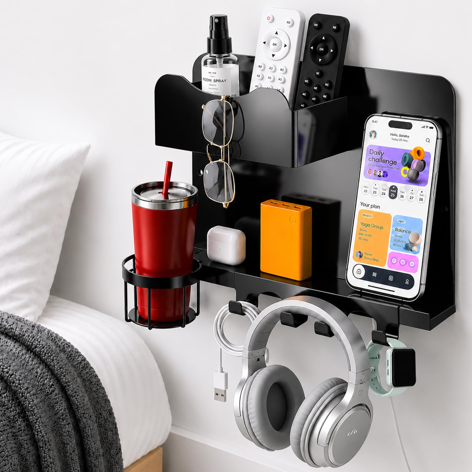 Photo 1 of Metal Bedside Wall Shelf, No Drill Floating Bedside Shelf Wall Organizer