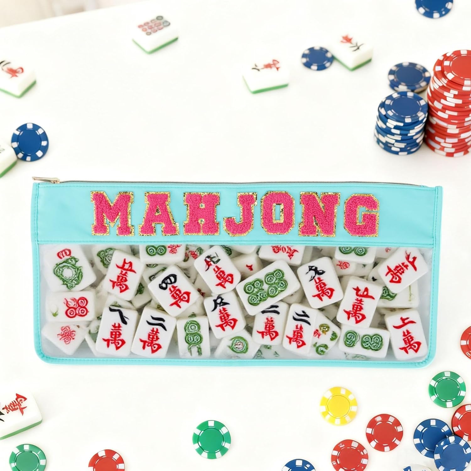 Empty Mahjong Bag Waterproof Tile Zippered Case with Letters American Mahjong Tile Bag PVC Clear Mah Jong Lover Gift, Case Only (Blue)