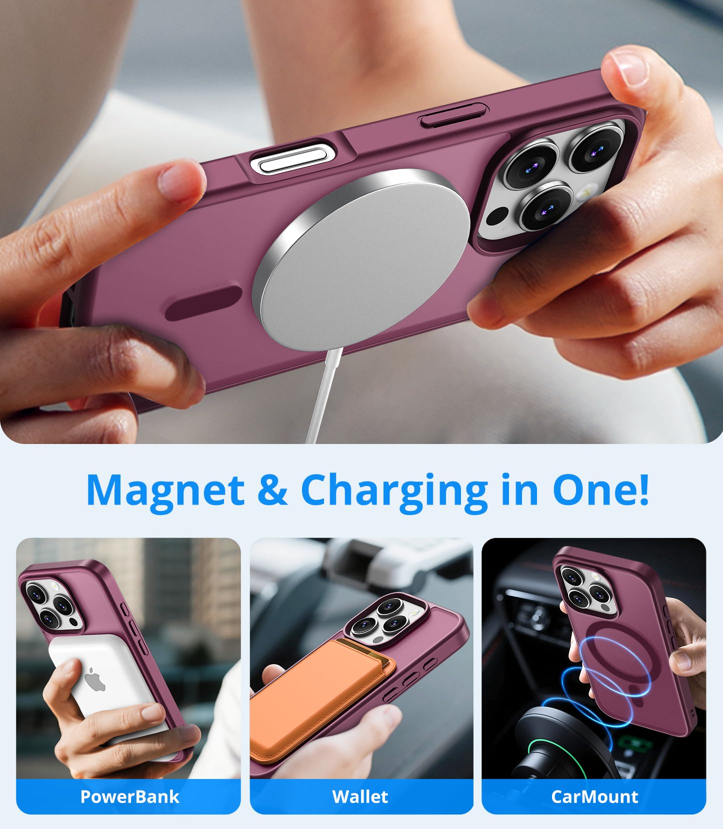 Vansdon Cover Magnetica per iPhone 16 Pro con 1 Pezzi Vetro Temperato, Compatibile con Magsafe, Protezione anticaduta di livello militare, Custodia Traslucida Opaca Sottile Antiurto-Bordeaux