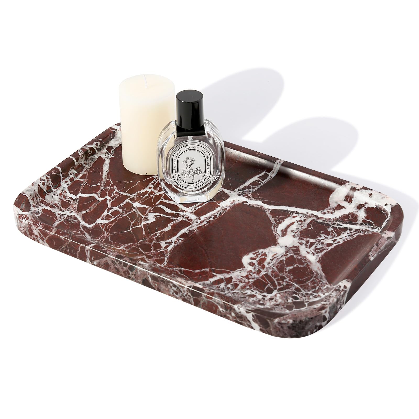Marble Vanity Tray, 11.8in Stone Bathroom Tray for Countertop, Red Decorative Tray for Dresser Organizer, Luxury Serving Tray for Kitchen, Storage Dish for Kitchen Sink, Perfume, Jewelry Holder