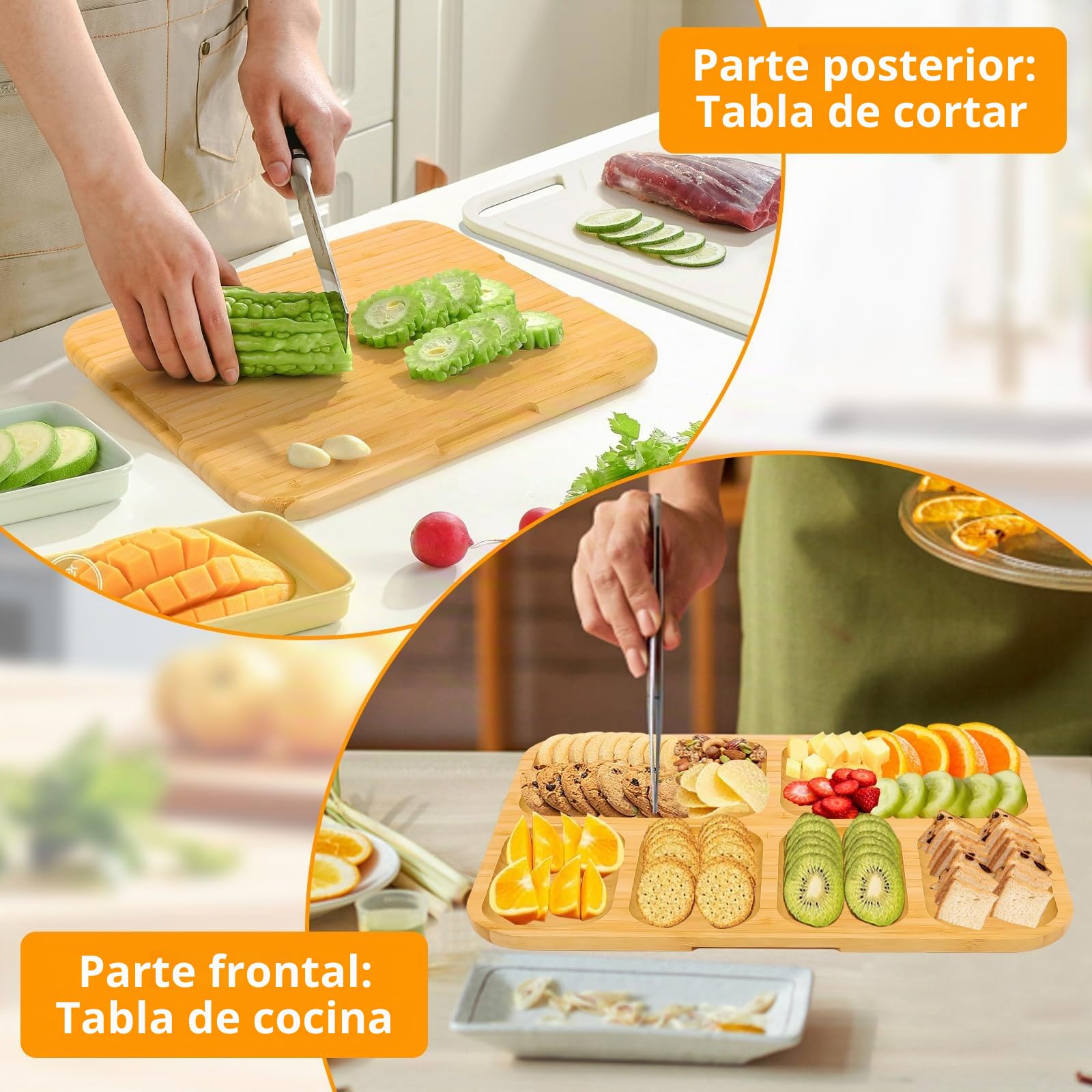 BigKing Bandeja para servir de bambú, bandeja de aperitivos con tapa y 6 ranuras, tabla de bambú para quesos, recipientes para frutas, aperitivos, dulces, verduras, nueces, picnics