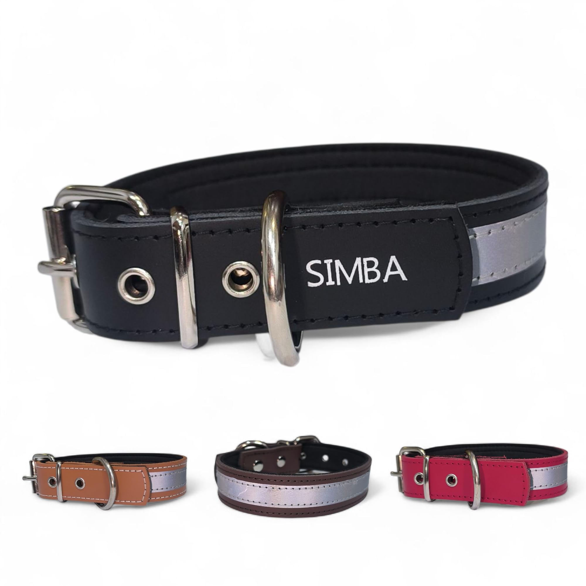 Collar de Cuero con Cinta Reflectante de Alta Visibilidad – Acolchado Interior – Nombre Personalizado – Hecho a Mano – Ideal para Perros medianos y Grandes. (Negro, M: Rango de Cuello 32-42cm)