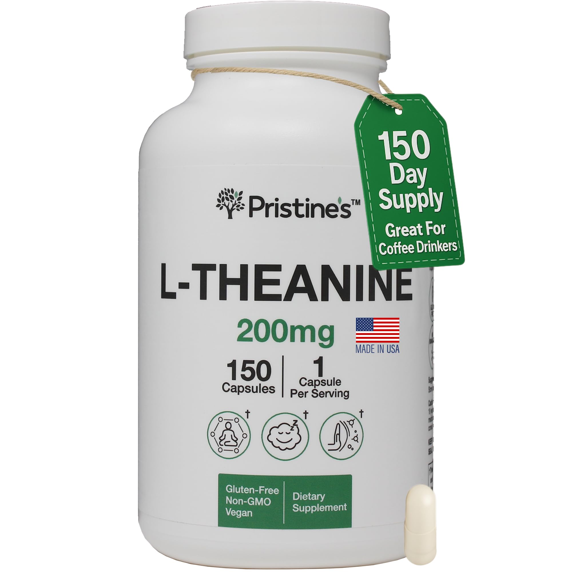 PRISTINE'S L Theanine Sleep Quality Support Amino Acid Supplement - 200MG 150 Day Supply - Relaxation & Mood Support Capsules - Vegan Non-GMO & Gluten Free