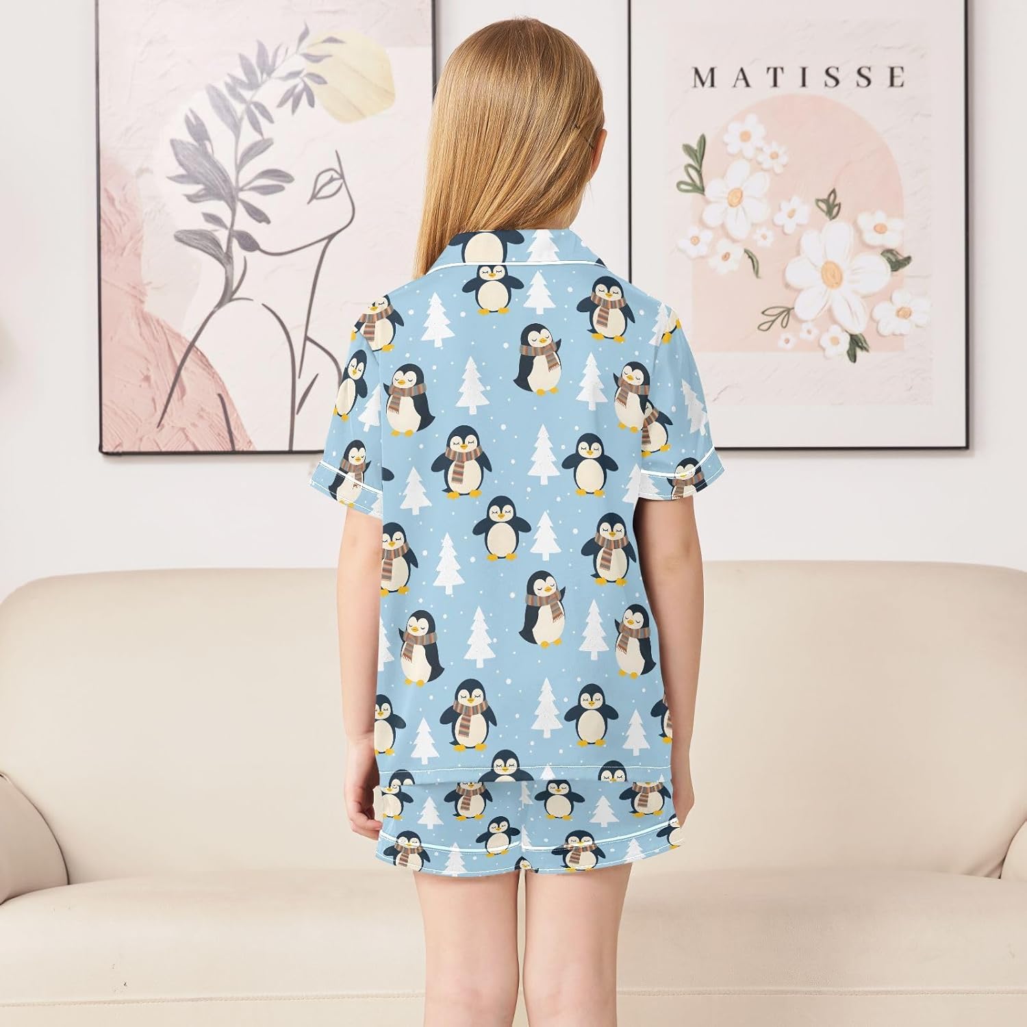 Kids Satin Wear Set Winter Penguin Pine Tree Pattern Relaxing Clothing Short Sleeve and Shorts