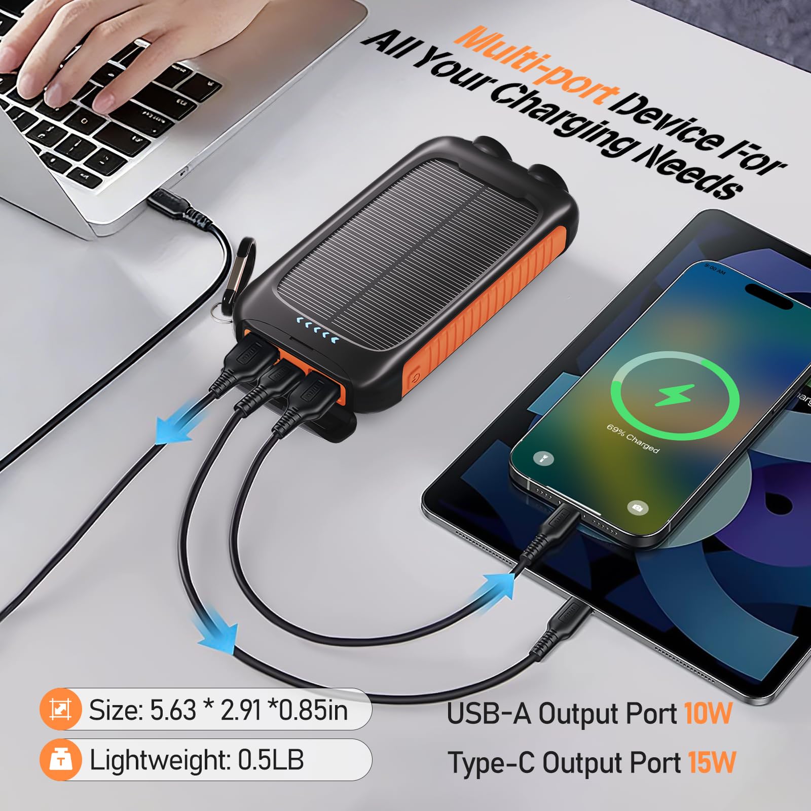 Caricatore solare per telefono, 20000 mAh, power bank portatile con USB-A da 15 W e USB-C, arancione, compatibile con iPhone, iPad, Samsung, 2 torce di emergenza a LED integrate, perfetta per
