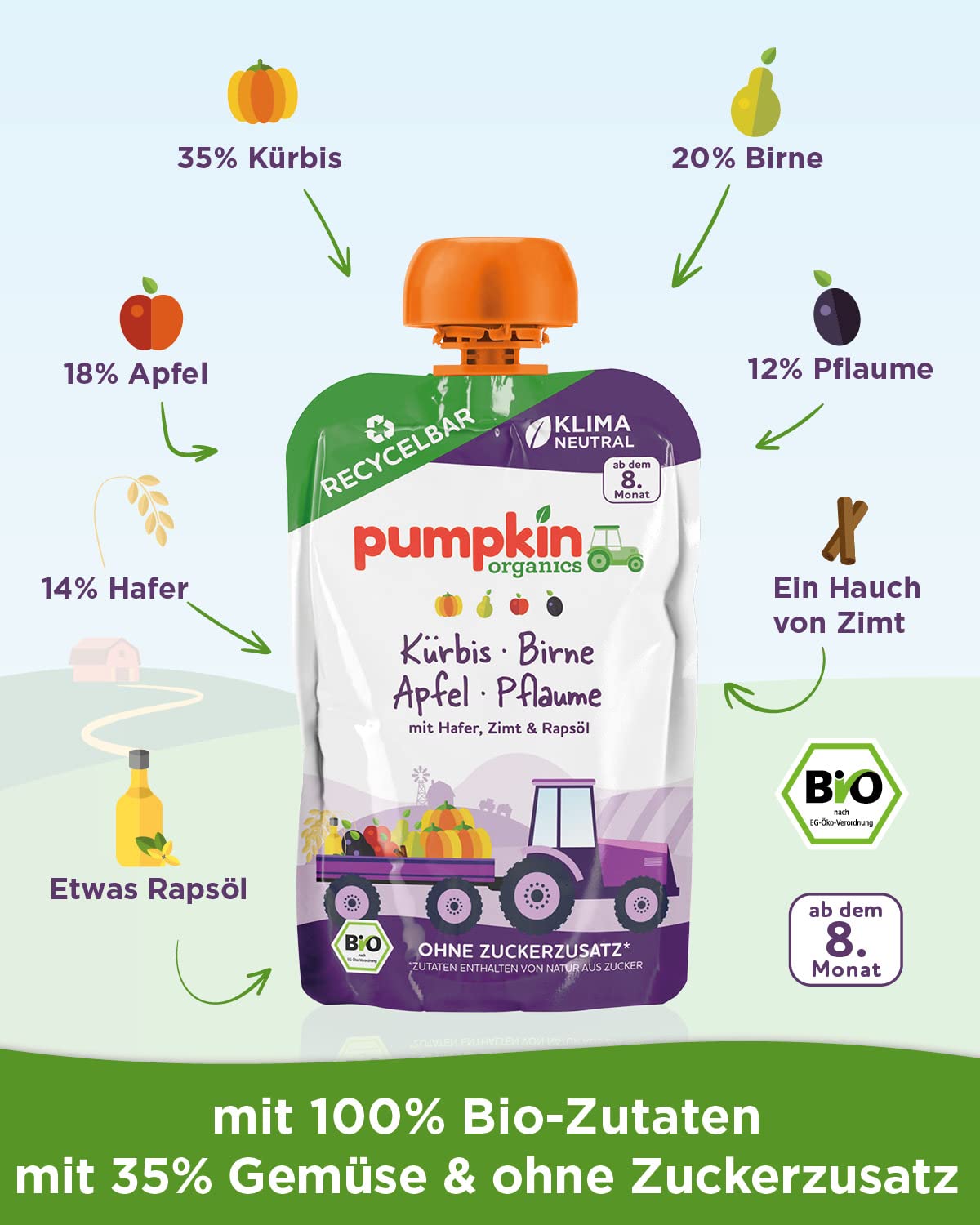 Bio Quetschie Kürbis, Birne, Apfel, Pflaume, Hafer, Zimt & Rapsöl - Gemüsepüree, Fruchtmus und Getreide für Babys ab dem 8. Monat. Recycelbarer Quetschbeutel, 32er Pack (32x100g)