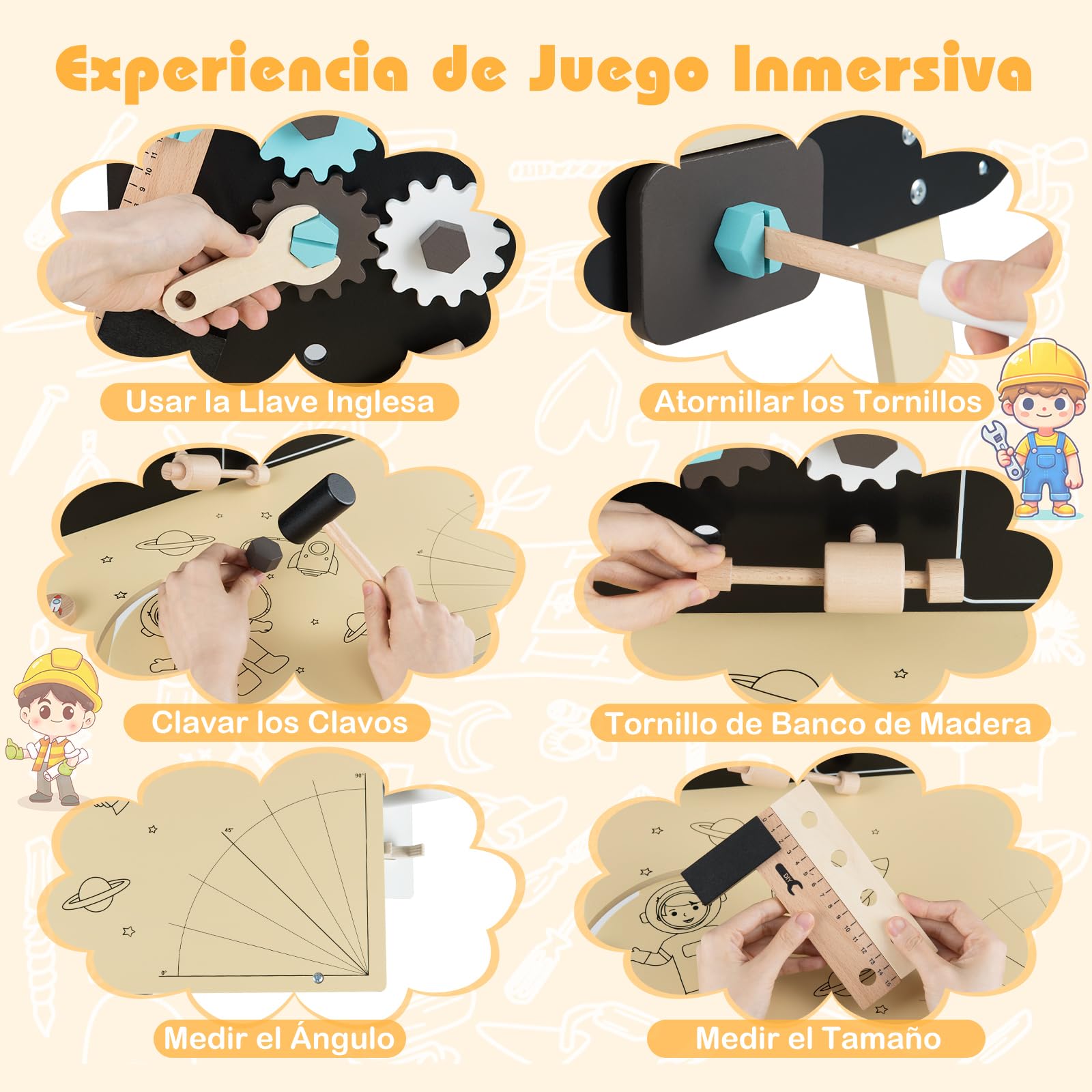 GOPLUS Banco de Herramientas de Madera para Niños, Taller de Bricolaje con Herramientas, Reloj Interactivo, Pizarra, Almacenamiento Amplio, Juego de Imitación para Niños y Niñas de 3+ Años