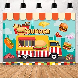 Burger Truck Backdrop Hot Dog Fries Decor Fast Food Retro Art Party Props Onion Tomato Cheese Photo Booth Studio Photography Background 5x3ft BJYHFH051